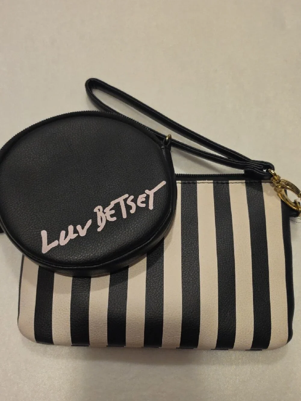 Betsy Johnson Black and Cream Striped Wristlet with Panda Coin Pouch